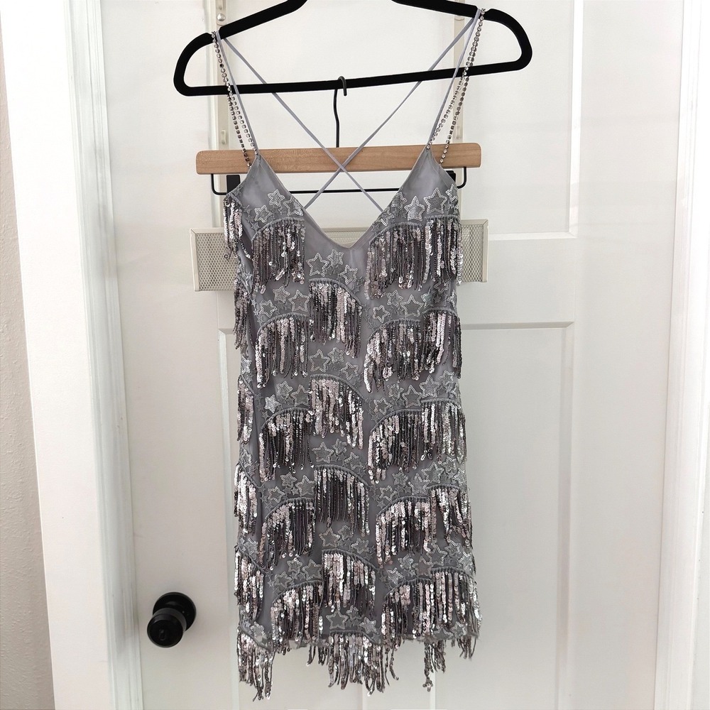 For Love & Lemons Etoile Fringe Mini Dress Silver Sequin Disco Cowgirl L